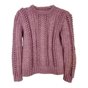 Handmade Wool Blend Sweater Women L Pink Pom Knit Cable Pullover Cottagecore